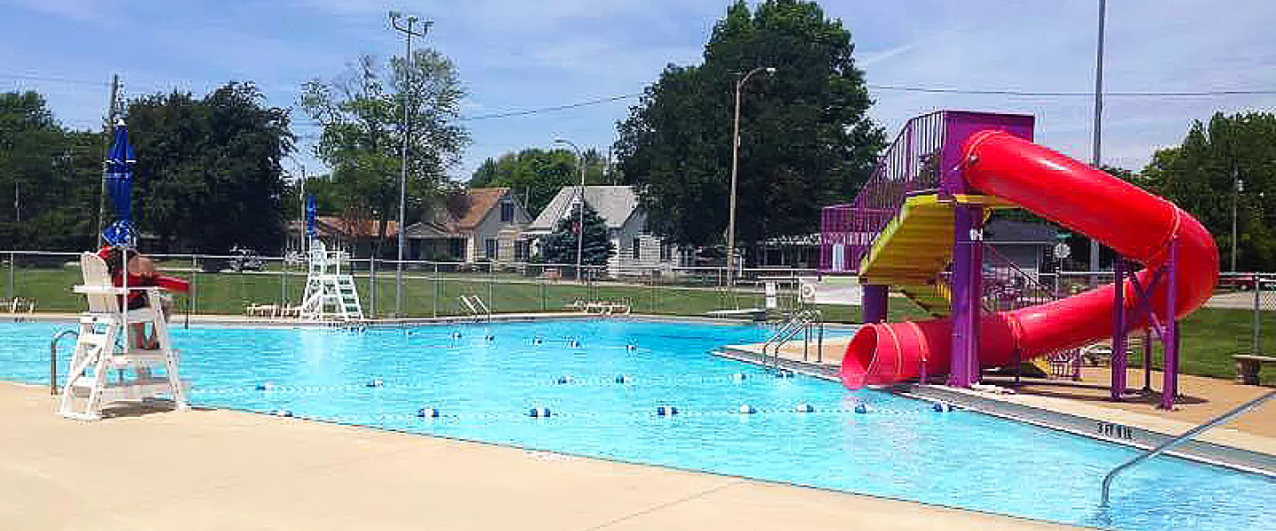 New Baden Legion Memorial Outdoor Pool in New Baden, IL Water Slide and Swimming Areas with YMCA Lifeguards