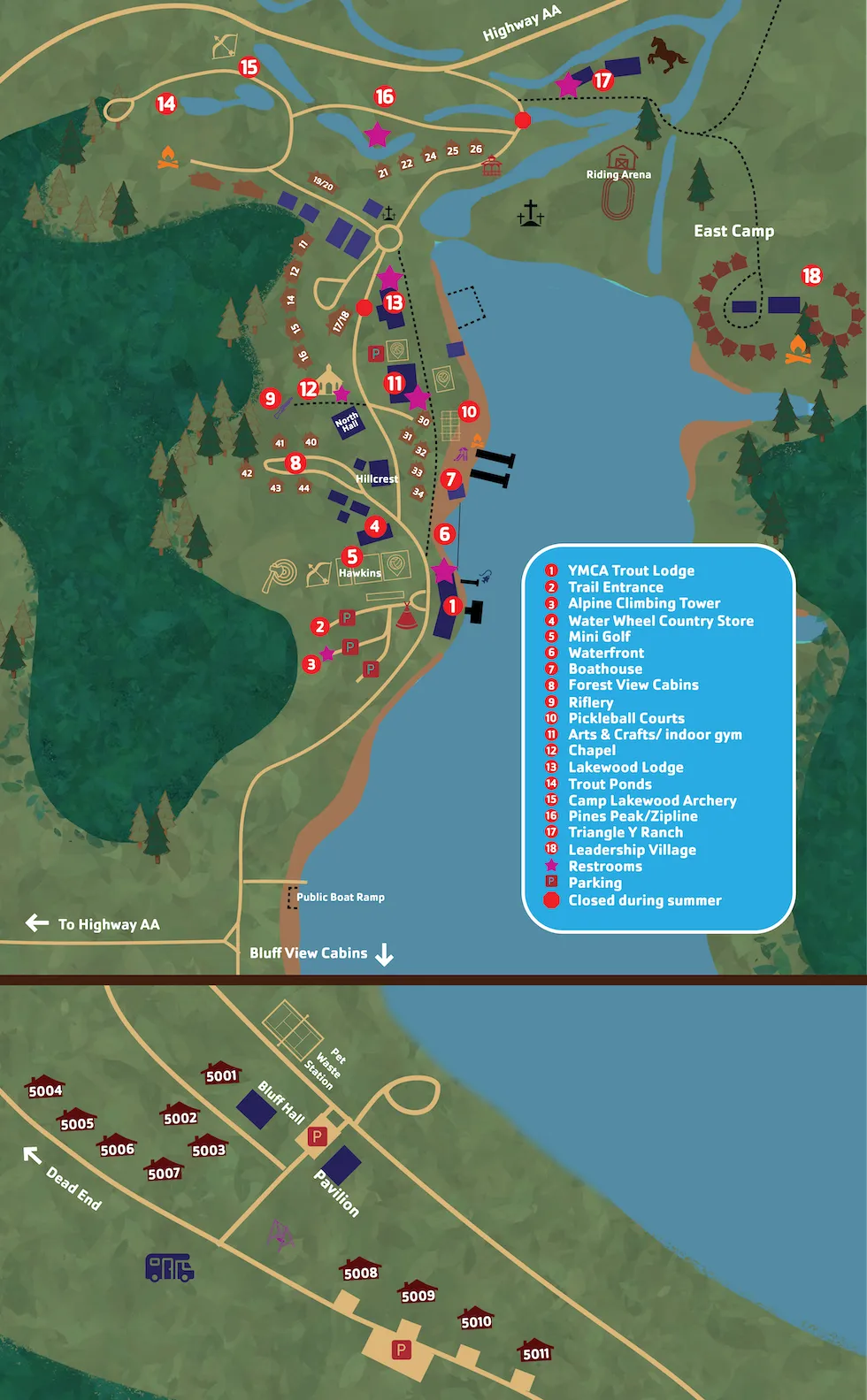 An illustrated map of the YMCA Trout Lodge campus, centered on Sunnen Lake. Key locations shown include the main Lodge on the north side, Camp Lakewood on the south, and other landmarks like the Chapel, stables, and the original Pioneer Village.