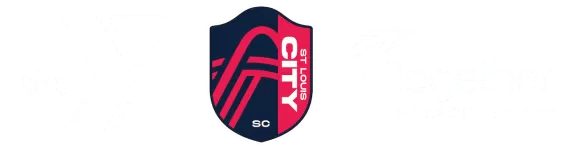 The Gateway Region YMCA, St. Louis CITY SC, and Together Credit Union Soccer Partnership Logos