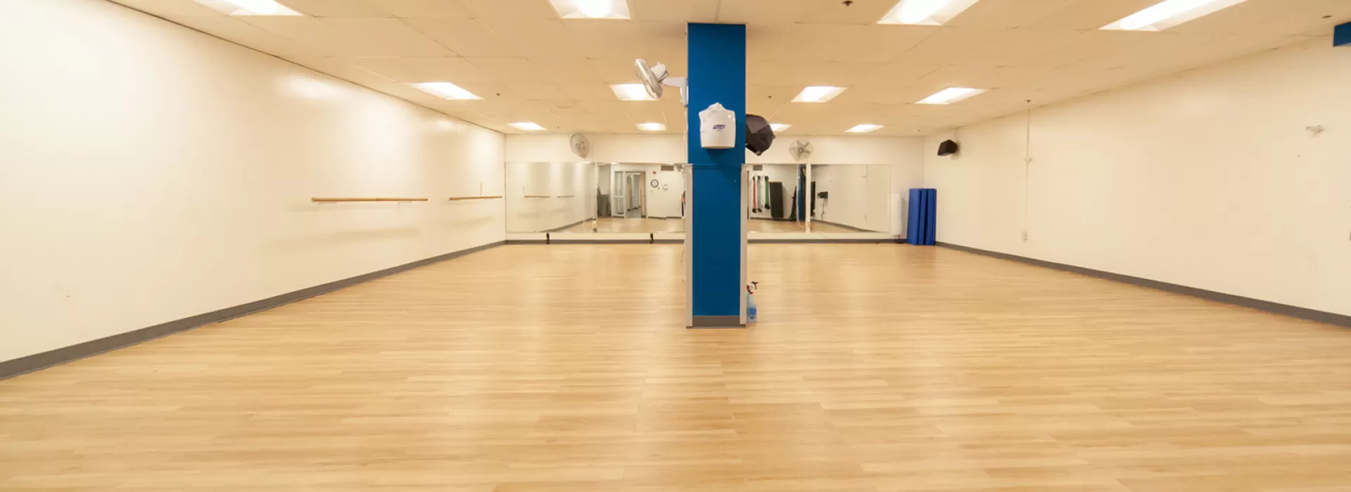 Group exercise room with mirrors on one side. Large, rectangular room with non-slip flooring.